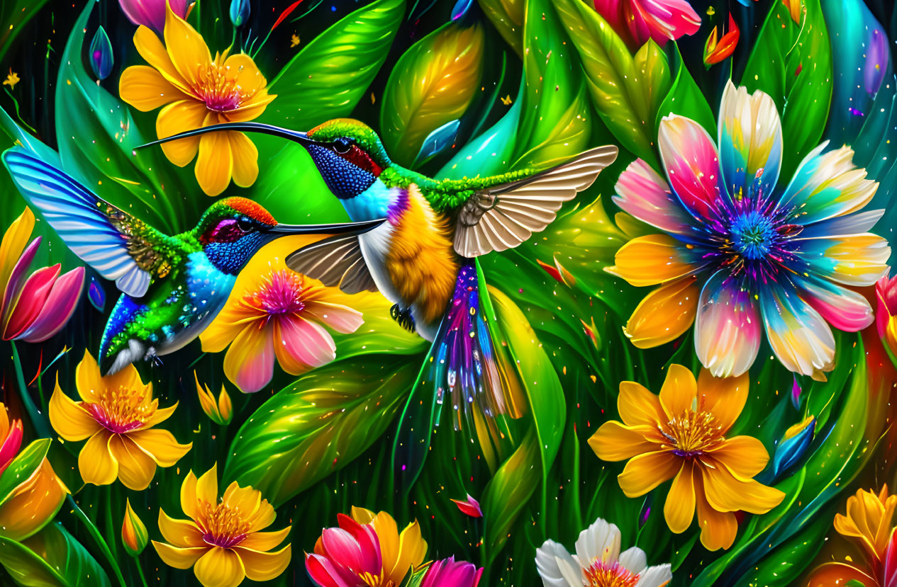 Colorful hummingbirds in flight amidst vibrant flowers and lush greenery.