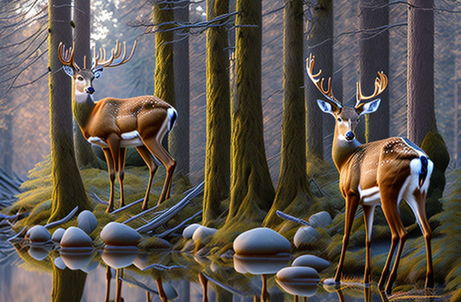 Spotted deer with antlers at tranquil forest pond