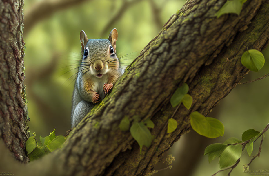 Curious squirrel among vibrant green leaves in serene setting