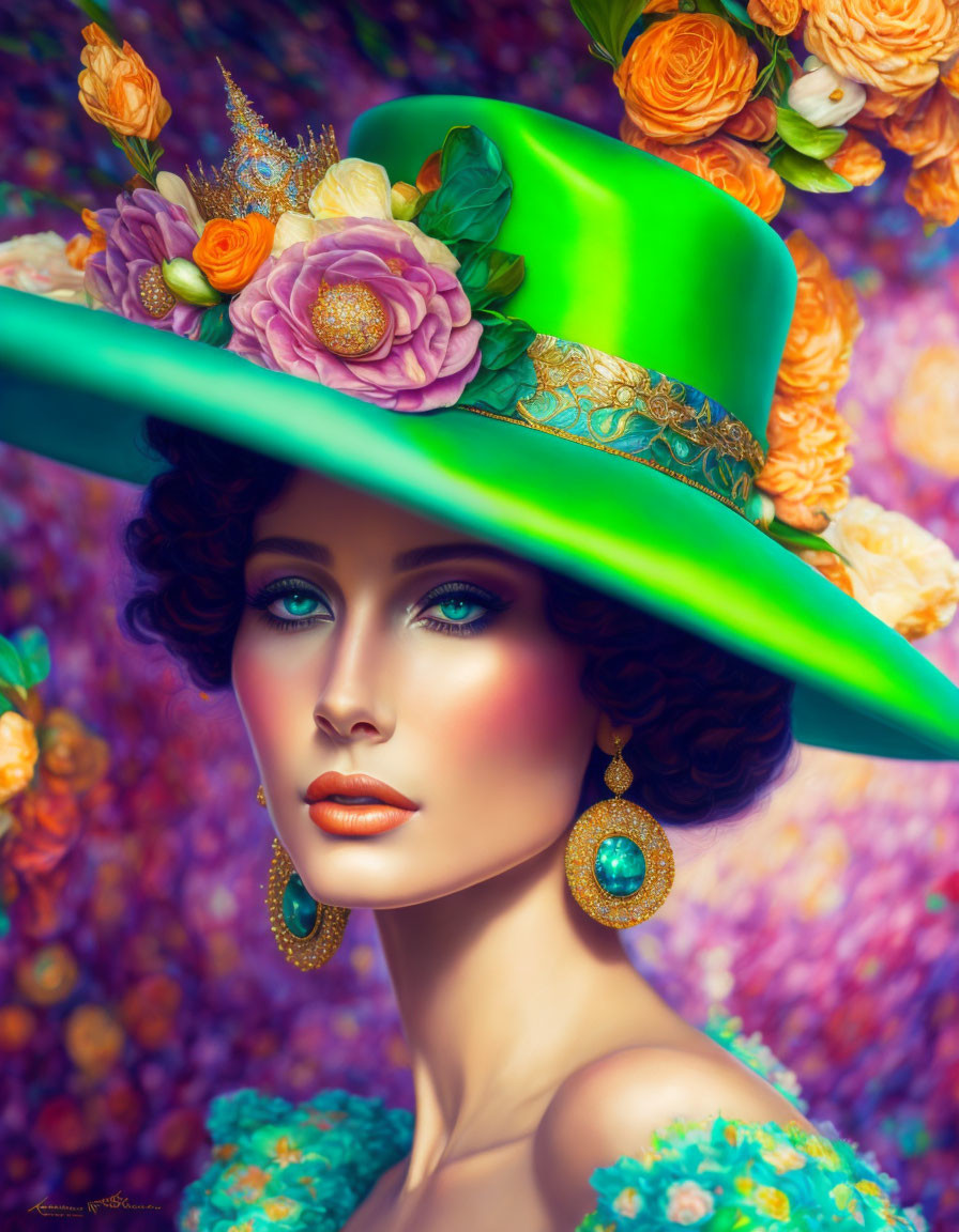 Illustrated woman with green eyes, dark hair, and vibrant green hat with flowers on floral backdrop