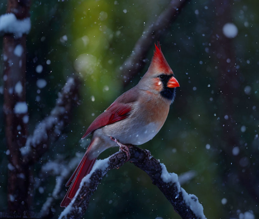 Red Northern Cardinal Bird Perched on Snow-Covered Branch