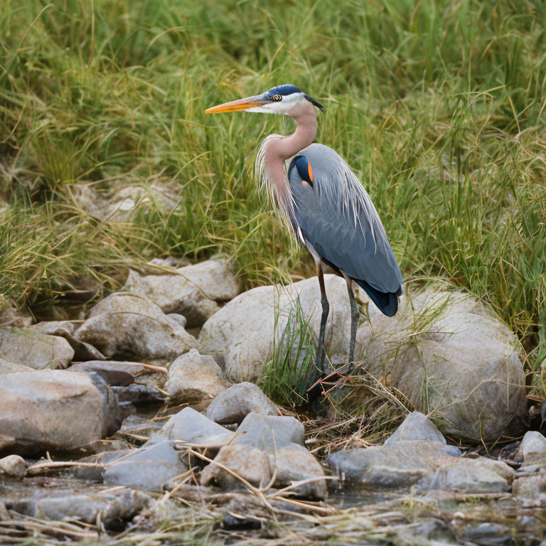 Majestic Great Blue Heron on Rocks by Grassy Bank