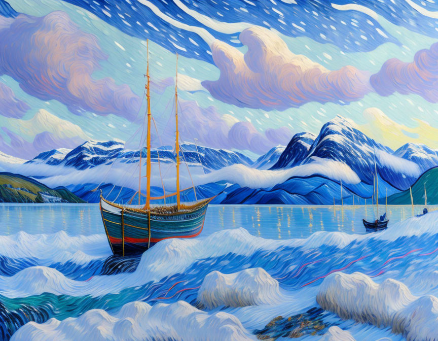 Colorful painting of wooden sailboat on choppy seas with swirling clouds and snow-capped mountains.