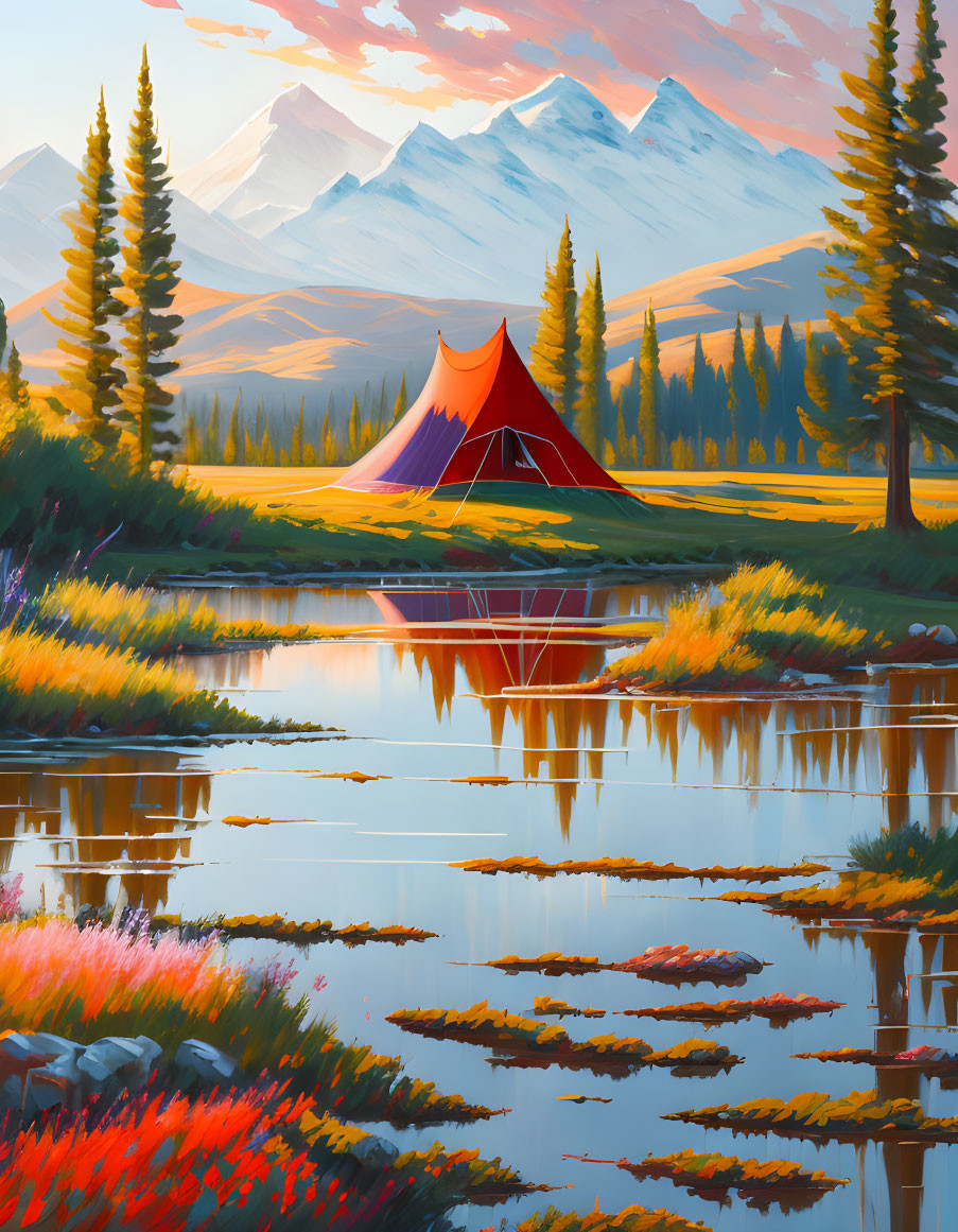 Scenic camping scene with orange tent near serene lake