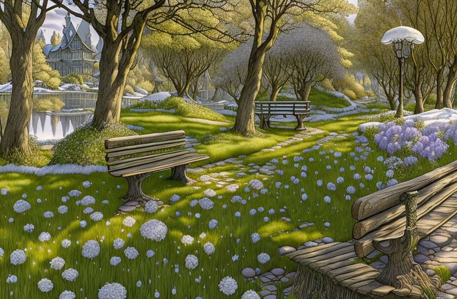 Tranquil park scene with wooden benches, white flowers, lake, and castle