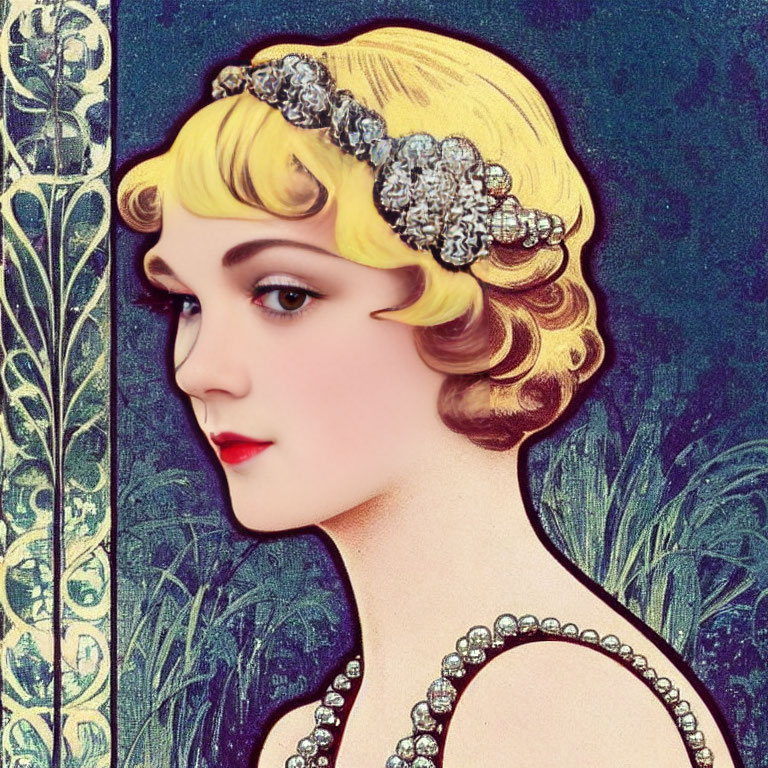 Art Deco Woman Illustration with Bob Haircut & Bejeweled Headband