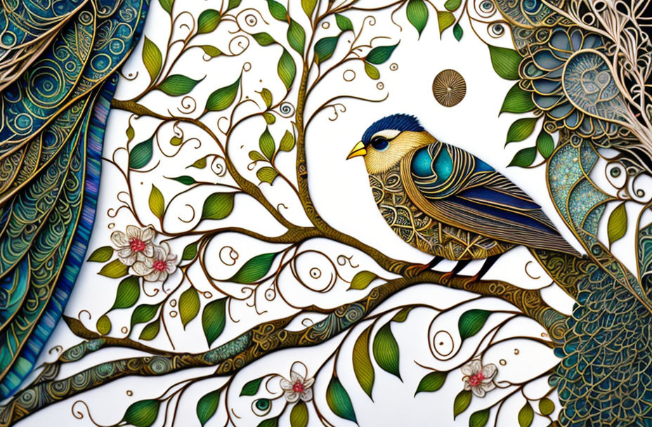 Colorful bird artwork with intricate floral patterns on branches