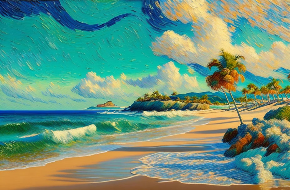 Colorful Tropical Beach Scene with Palm Trees and Swirling Sky