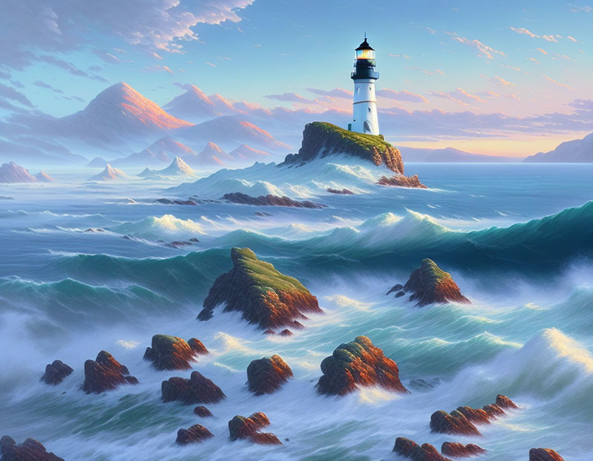 Digital Art: Serene Lighthouse on Cliff Amidst Turbulent Sea