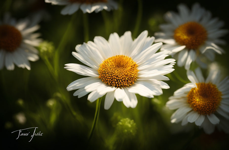 White daisies with yellow centers in soft-focus background, one flower in sharp detail