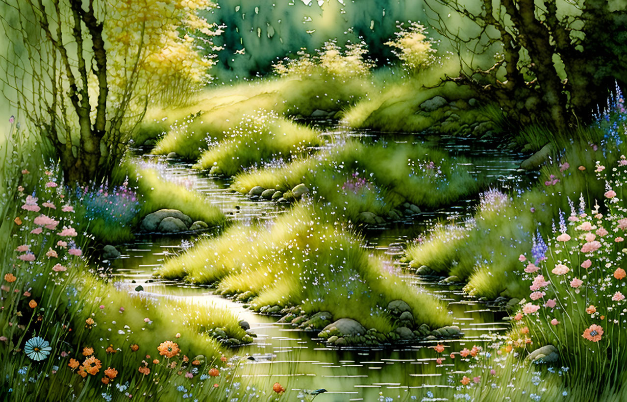 Tranquil stream in vibrant green forest with moss-covered stones