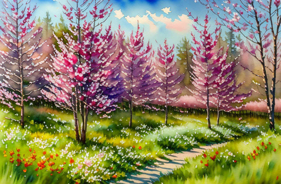 Vibrant watercolor painting of blooming garden path with pink trees and wildflowers