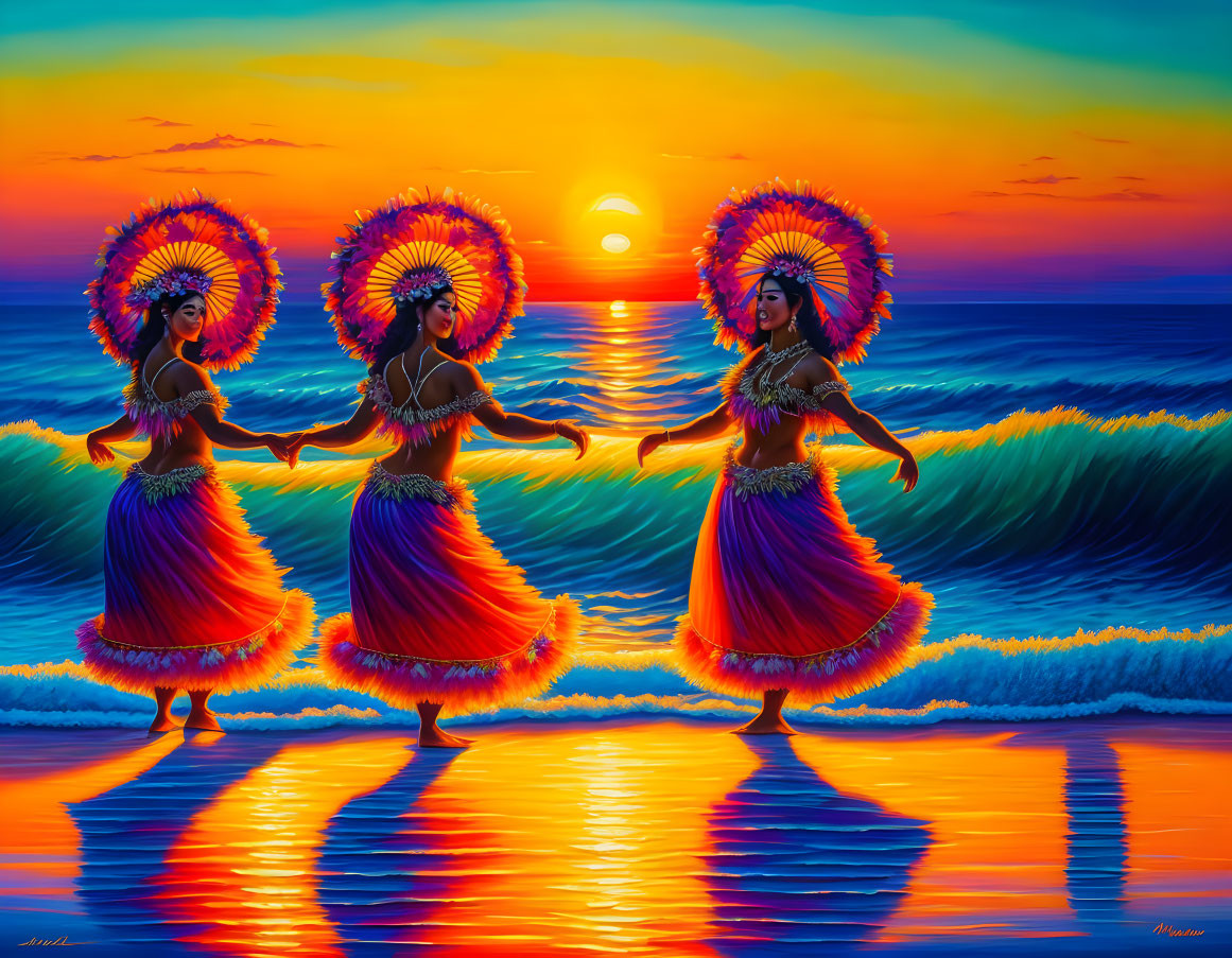 Three women in traditional hula attire dancing on beach at sunset