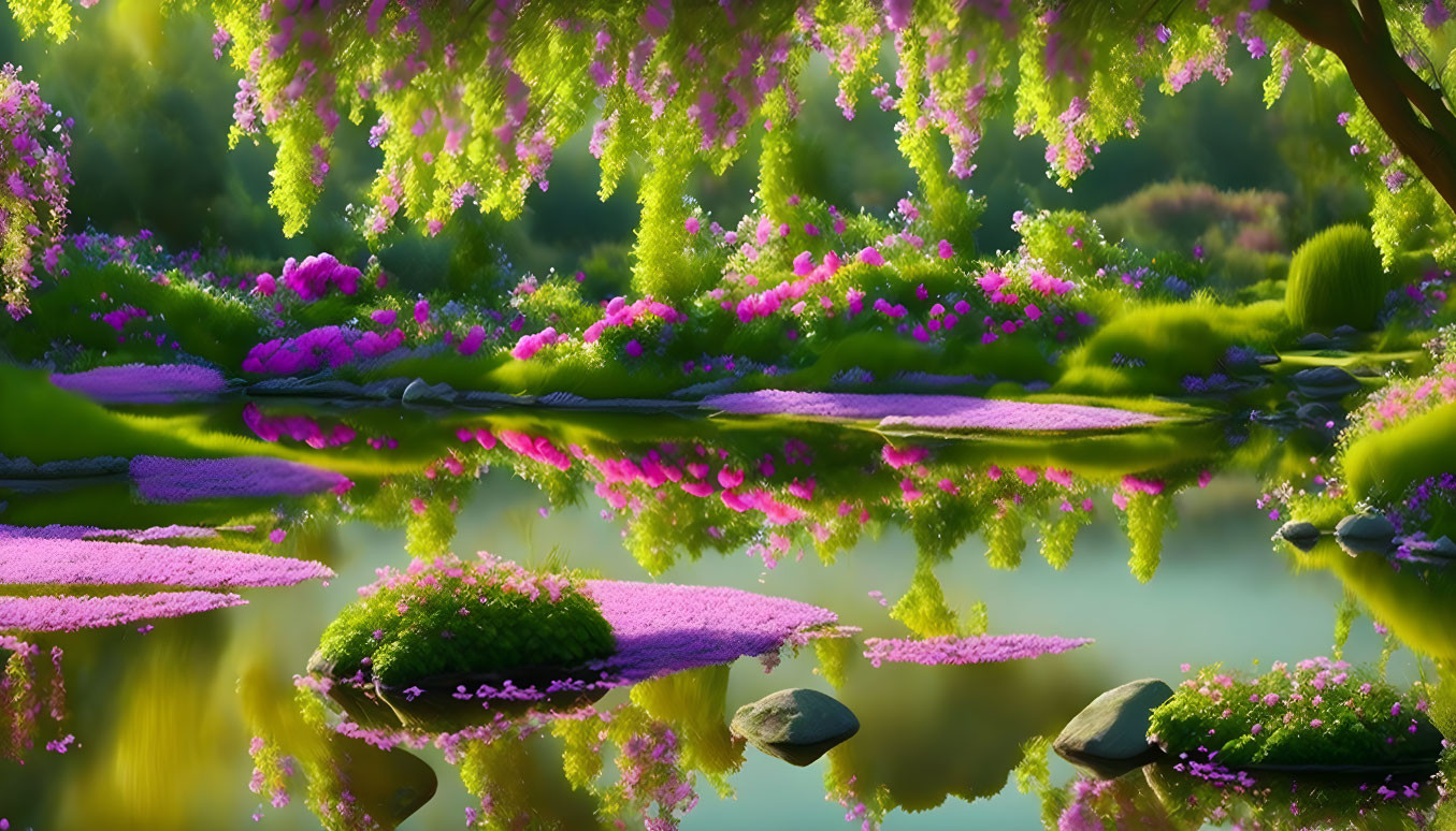 Tranquil river with pink and purple flowers, lush green trees