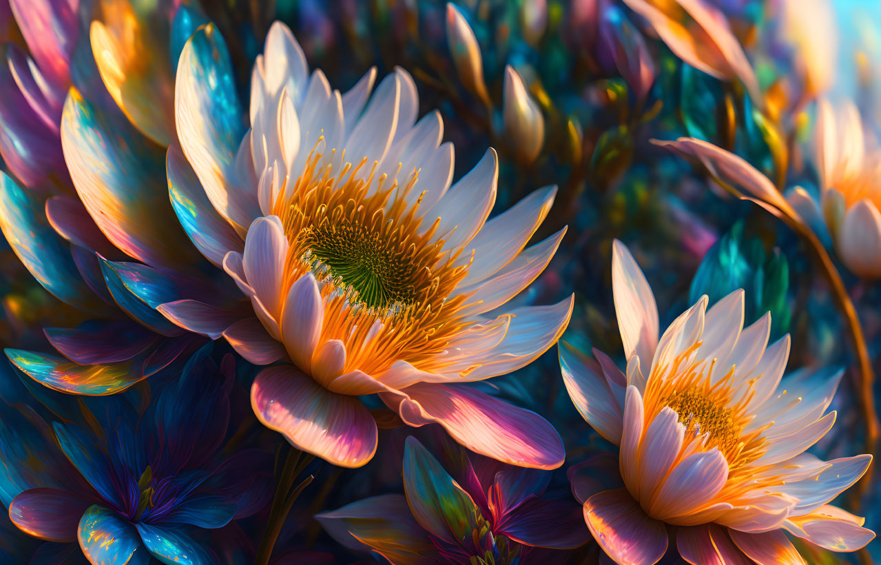 Vibrant surreal flowers with iridescent petals in warm light