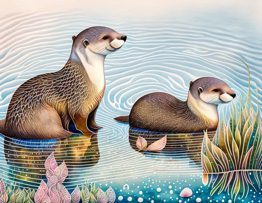 Stylized illustrated otters on rocks with colorful patterns in serene aquatic scene