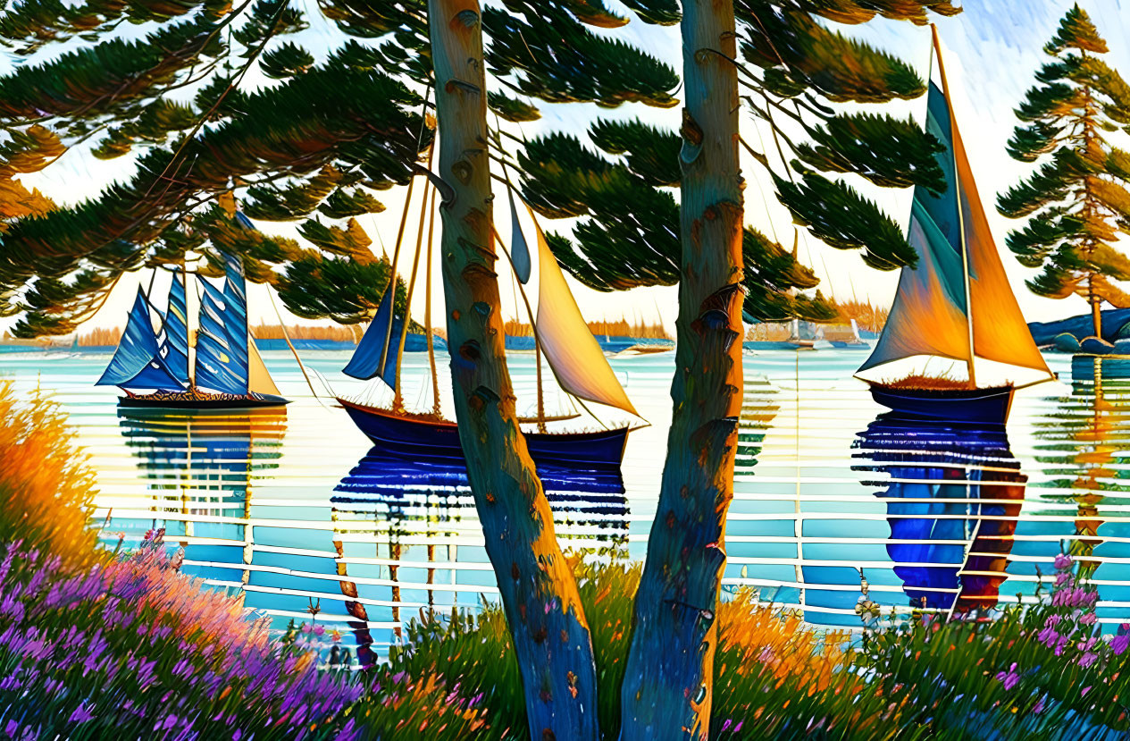 Colorful sailboats on calm waters with reflections, framed by trees and purple wildflowers