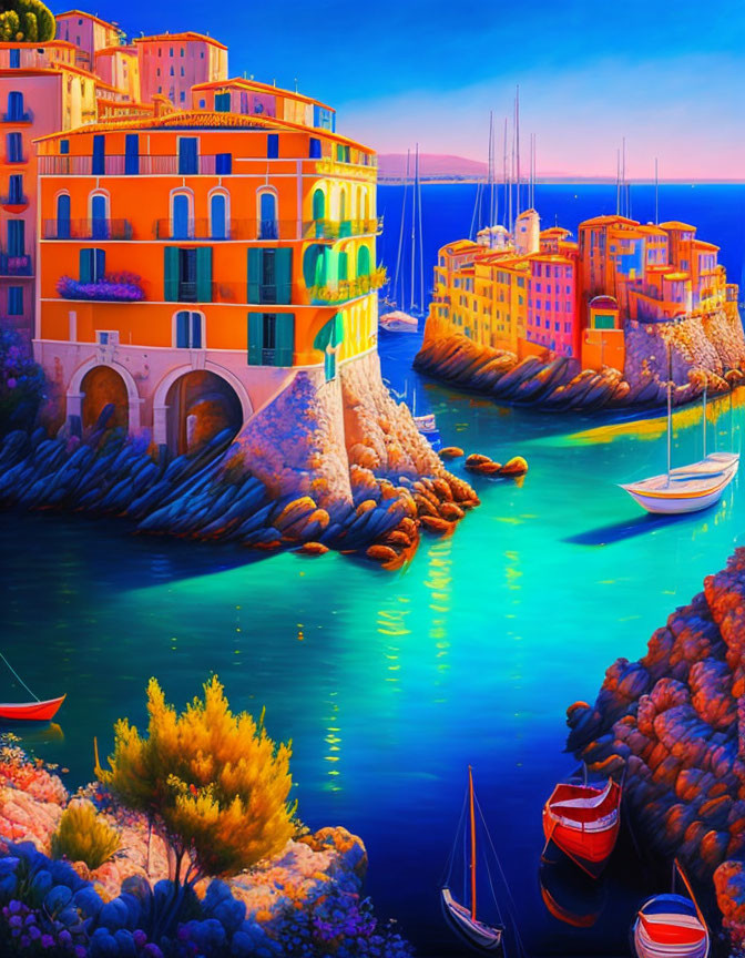 Colorful Coastal Sunset with Buildings, Boats, and Rocky Shore