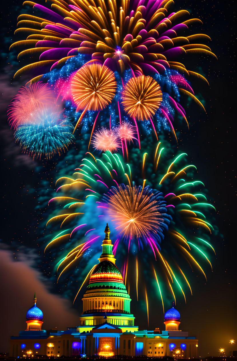 Colorful fireworks illuminate night sky above domed building