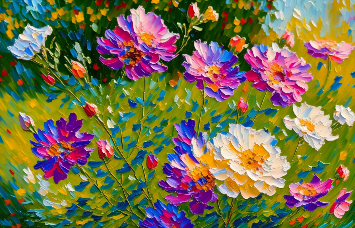 Colorful Flowers Oil Painting with Thick Impasto Technique