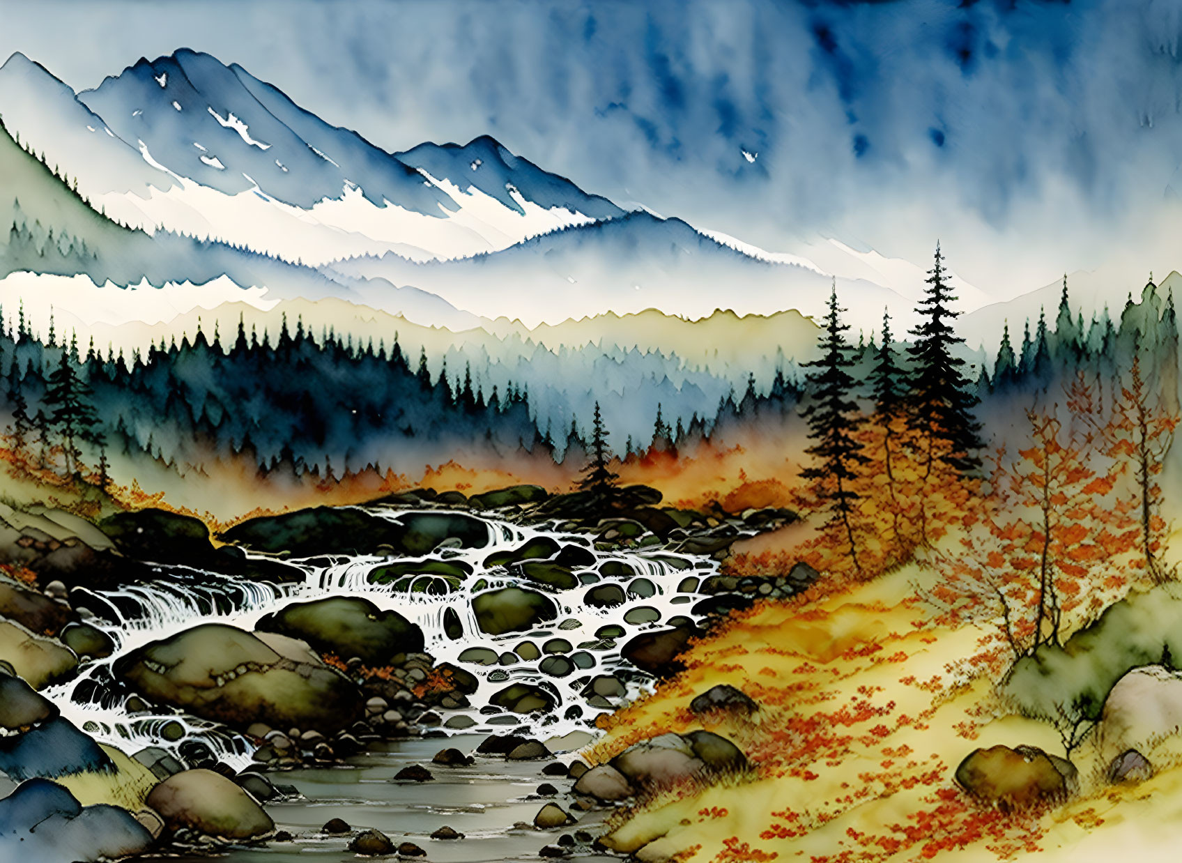 Autumn Watercolor Landscape with River and Mountains