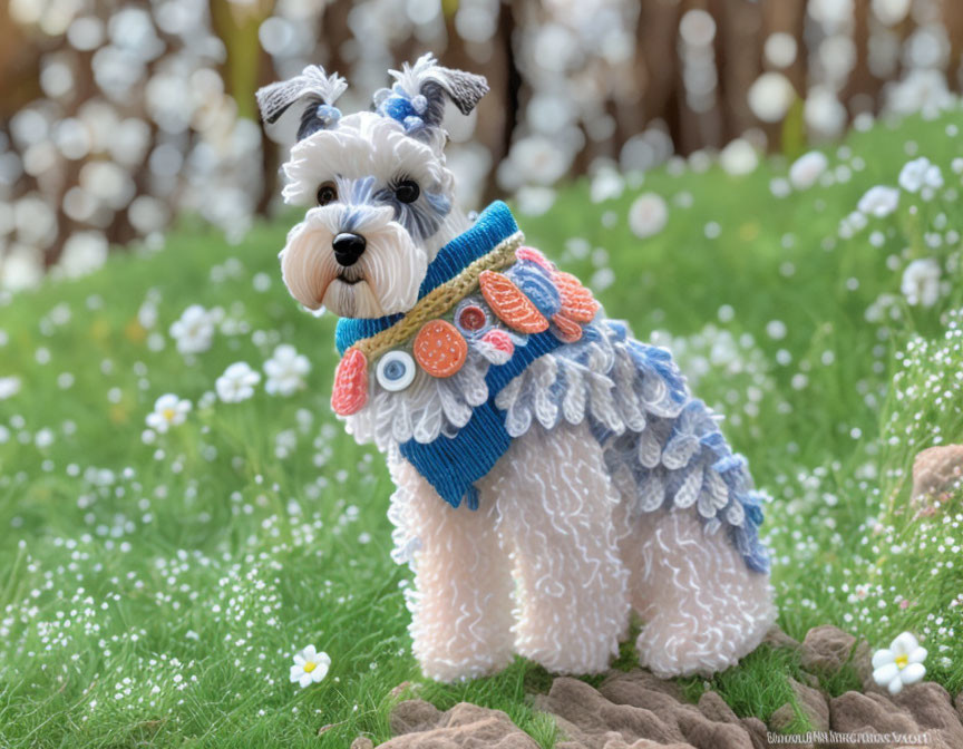 Plush Toy Dog in Colorful Sweater Among White Flowers