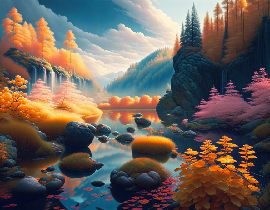 Fantasy landscape with orange and pink foliage, waterfalls, river, mountains