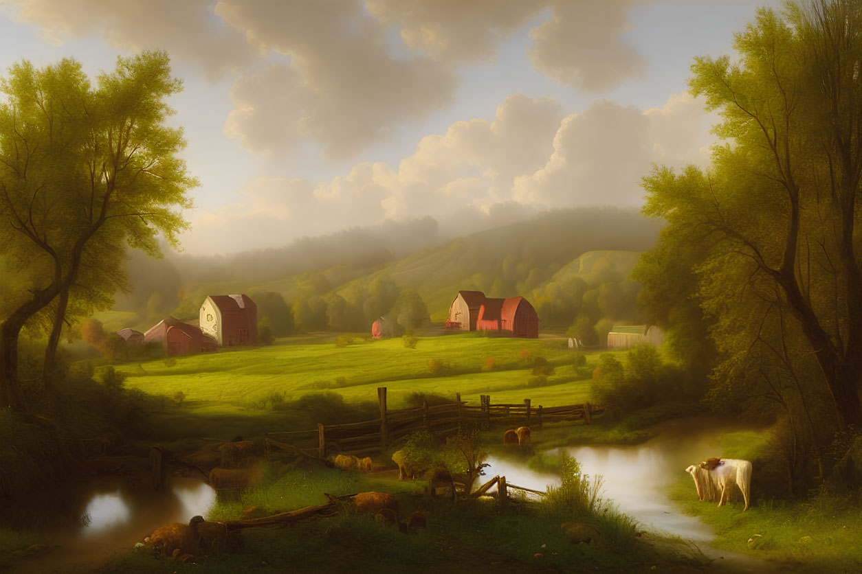 Rural landscape with red barns, green fields, pond, sheep, and misty hills at