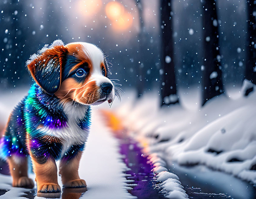 Colorful glowing collar puppy in snowy scene