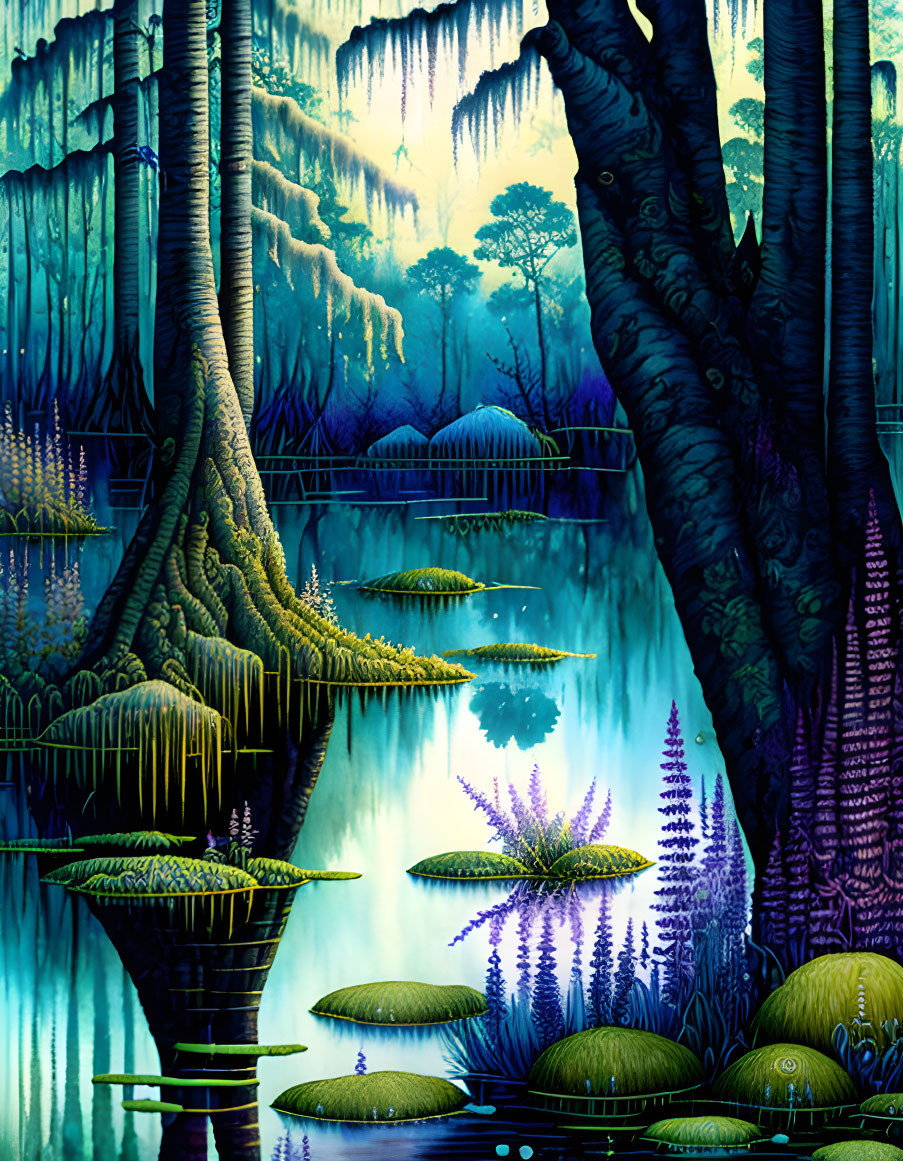 Illustration of Mystical Swamp with Luminous Plants & Towering Trees