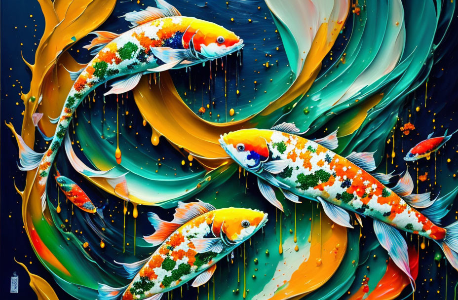 Colorful Koi Fish Swimming in Abstract Blue, Orange, and Yellow Hues