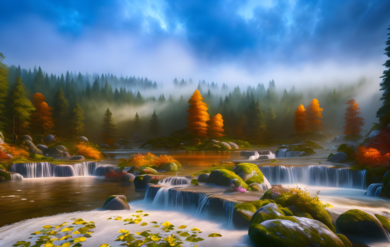 Autumn forest waterfall under breaking clouds in serene landscape