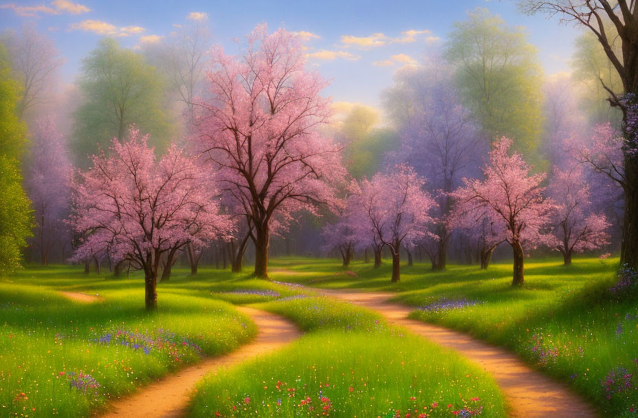 Sunlit Path Through Dreamy Park with Cherry Blossoms and Wildflowers