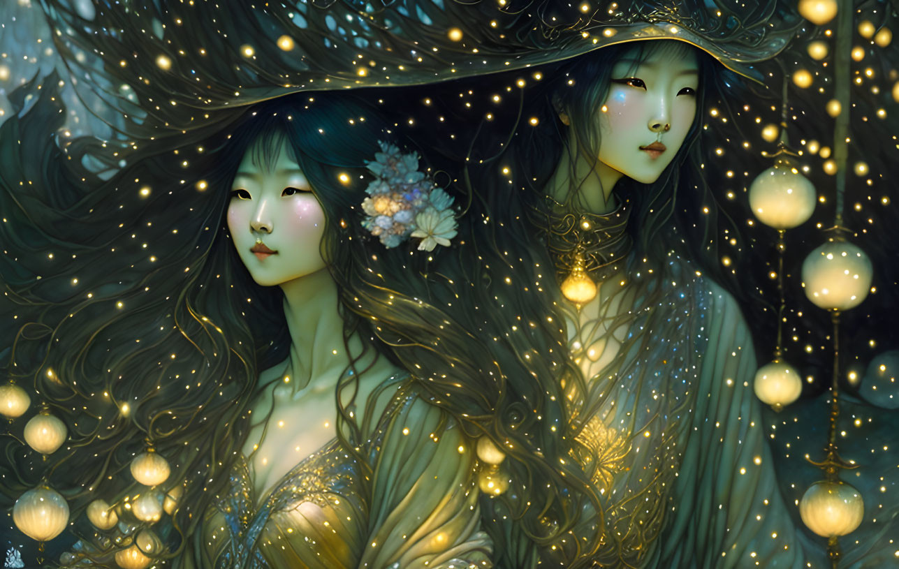 Ethereal figures with flowing hair and luminescent orbs in a mystical forest