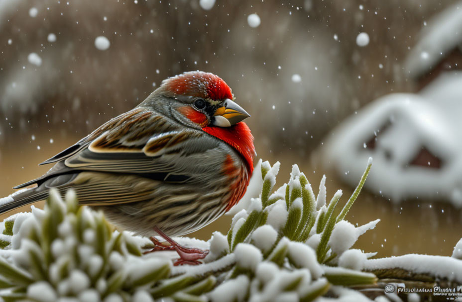 Colorful Bird Perched on Green Plant in Snowfall with Blurred Background