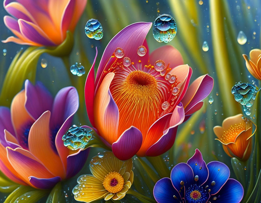 Colorful Stylized Flower Artwork with Dewdrops and Greenery