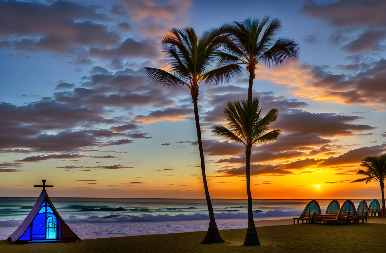 Sunset tropical beach scene with palm trees, chapel, canoes, and ocean horizon.