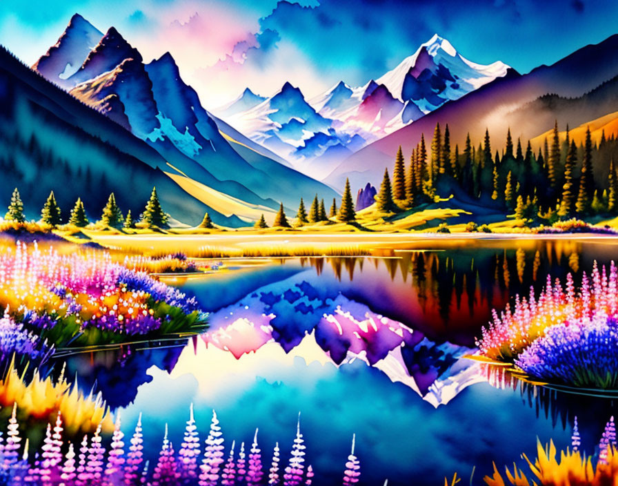 Colorful Mountain Landscape Painting with Lake Reflection