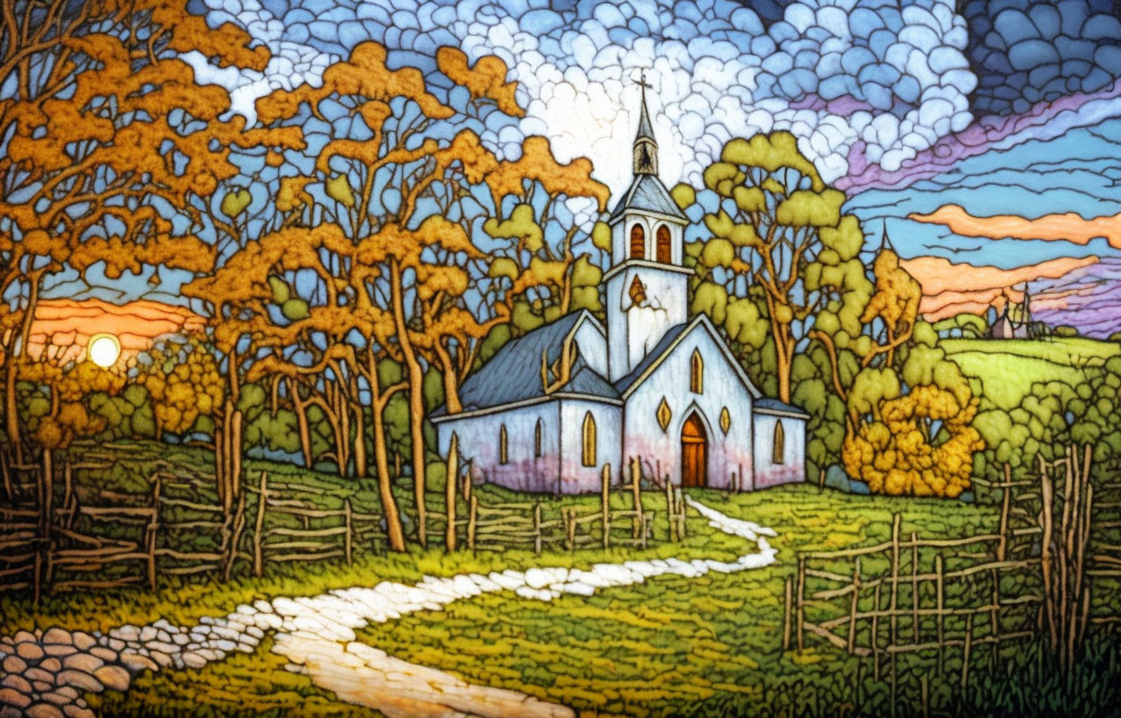 Church with steeple in autumn setting at sunset with winding path and fence.