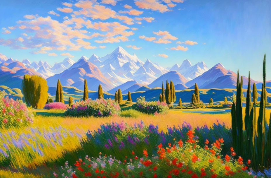 Scenic painting of blooming meadow, mountains, cloudy sky