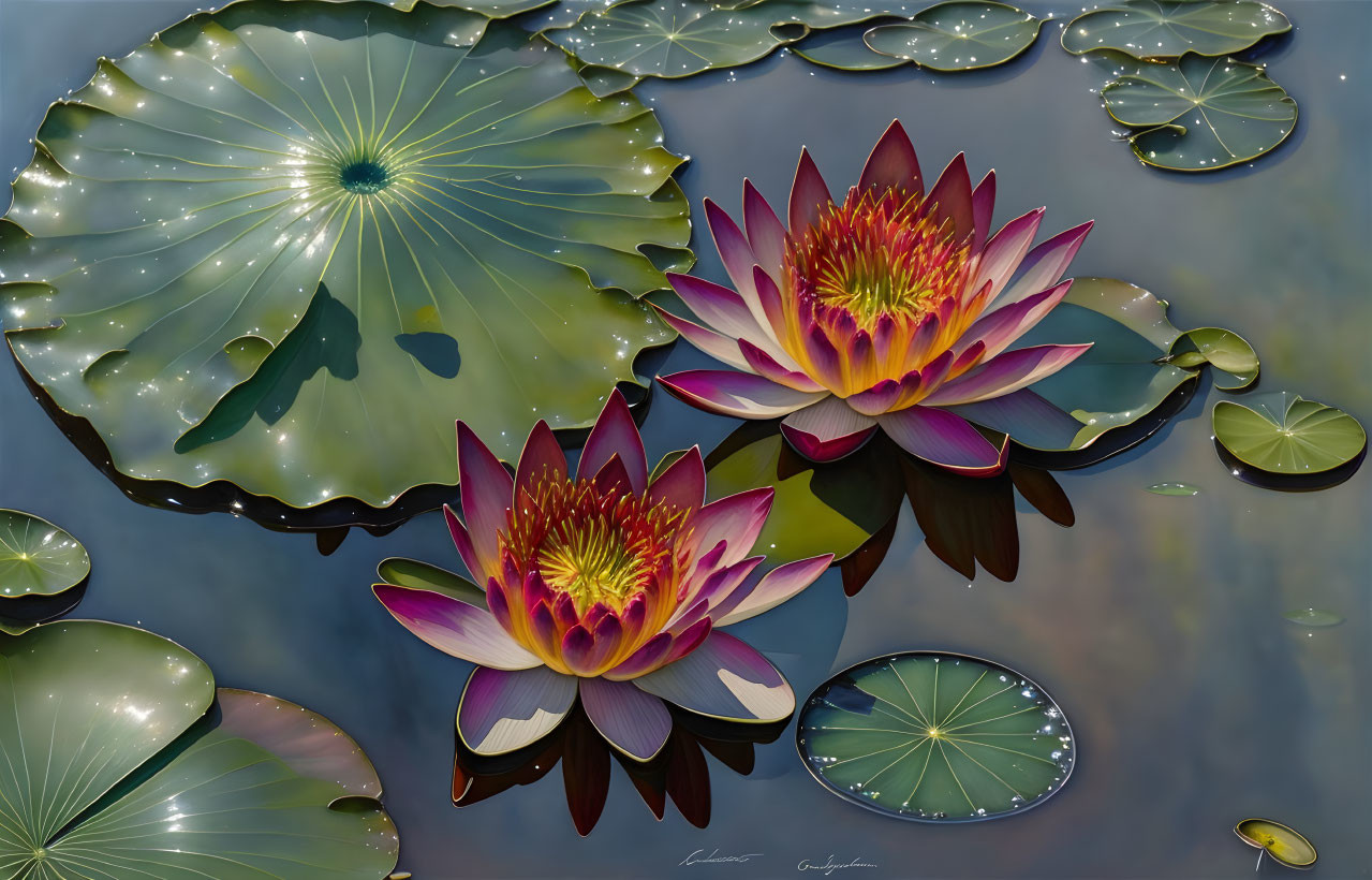 Vibrant pink and yellow water lilies on tranquil water surface