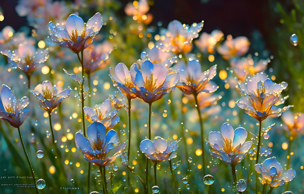 Translucent dew-covered flowers glistening in soft light