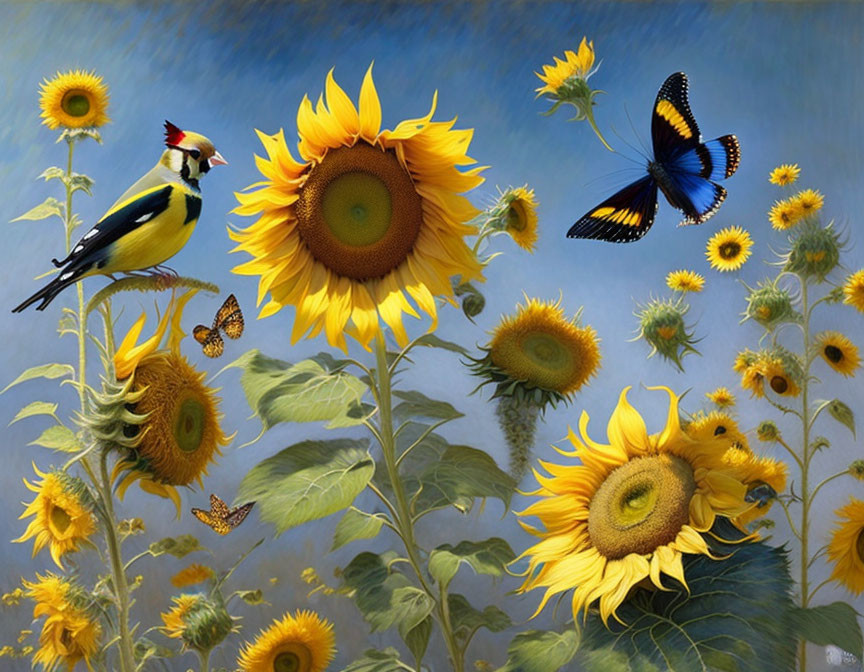 Sunflower field painting with bird, butterflies, and blue sky