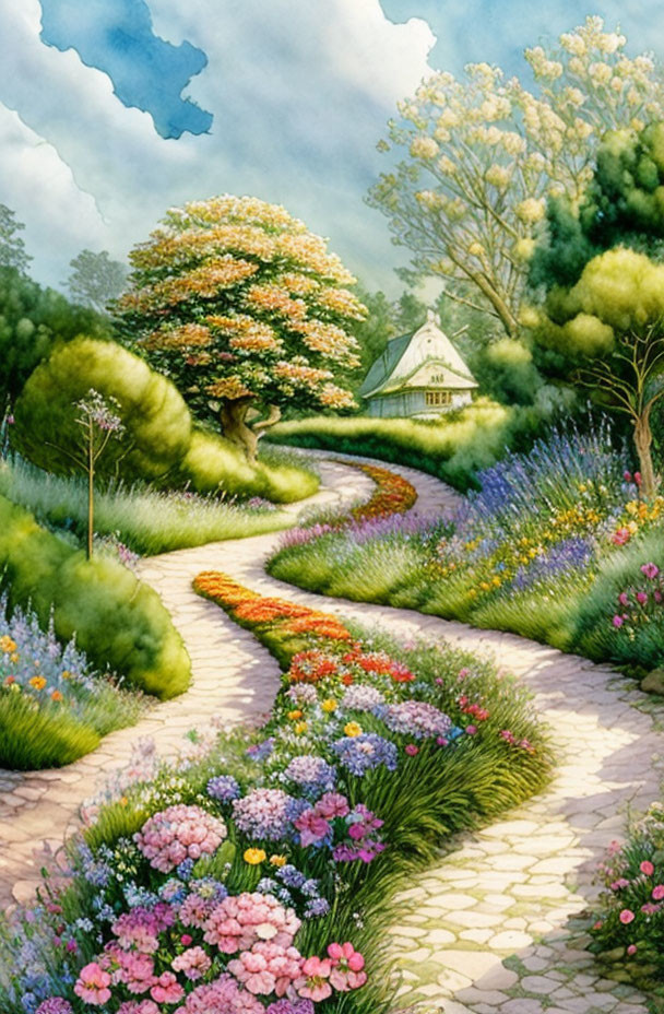 Colorful Flower-Lined Path to Quaint Cottage in Serene Landscape