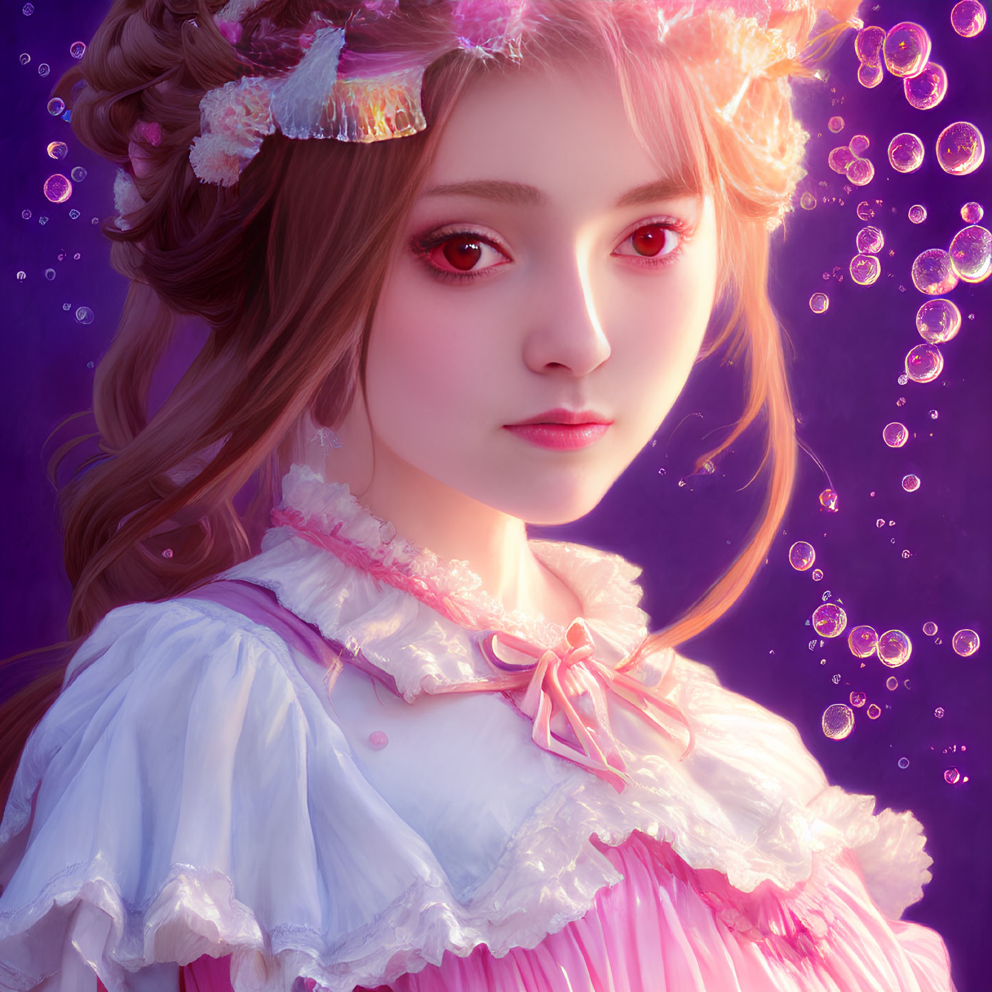 Portrait of young woman with red eyes in pink dress surrounded by bubbles on purple background