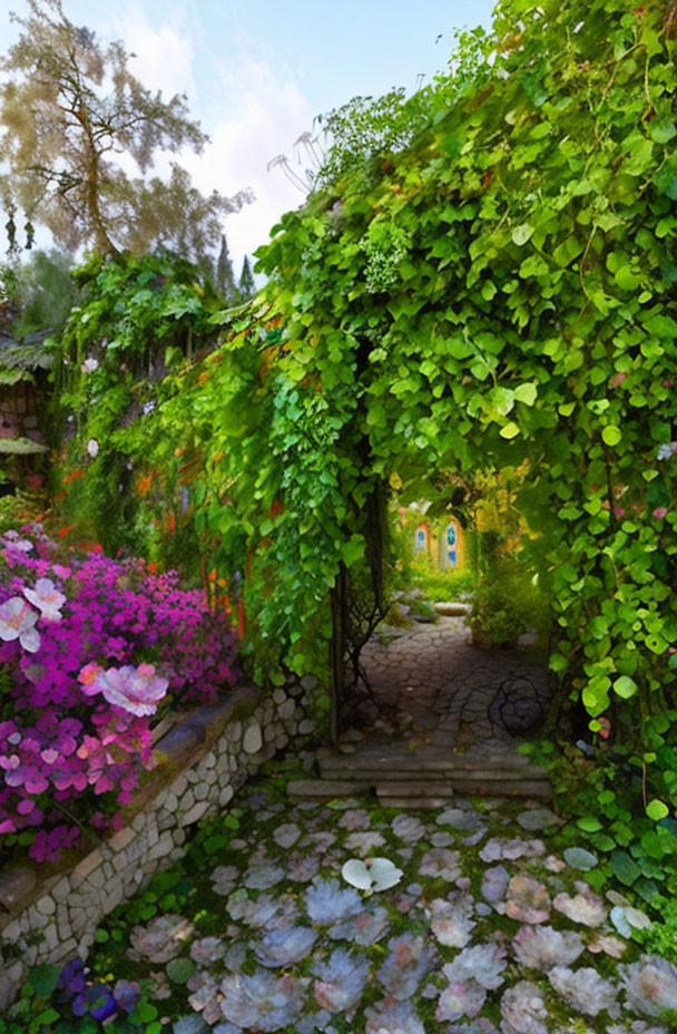 Colorful garden path with lush greenery and flowers leading to blue gate under sunny sky