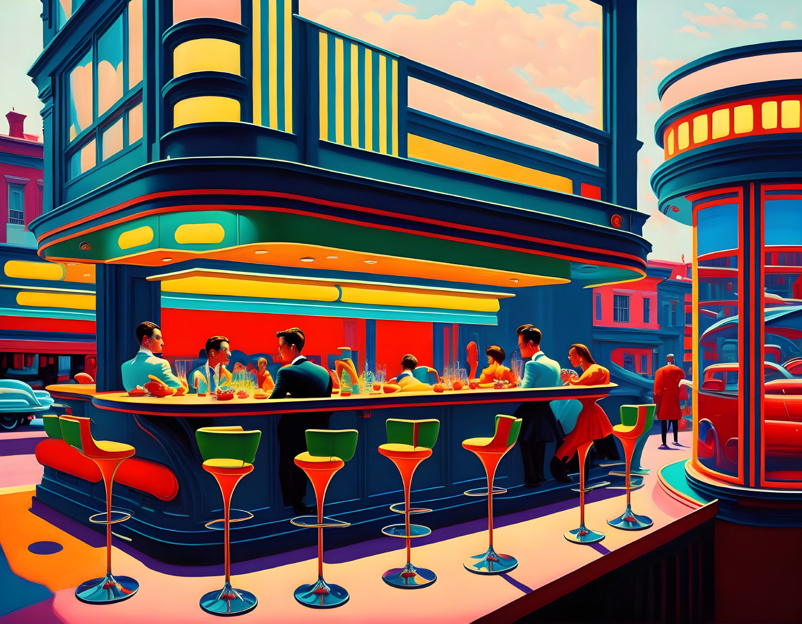 Colorful retro diner illustration with patrons, waitress, and stylized architecture.