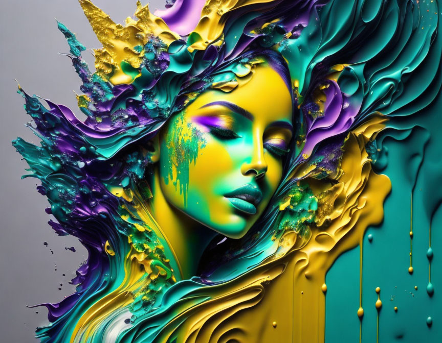 Colorful Digital Artwork: Woman with Flowing Hair and Abstract Liquid Shapes