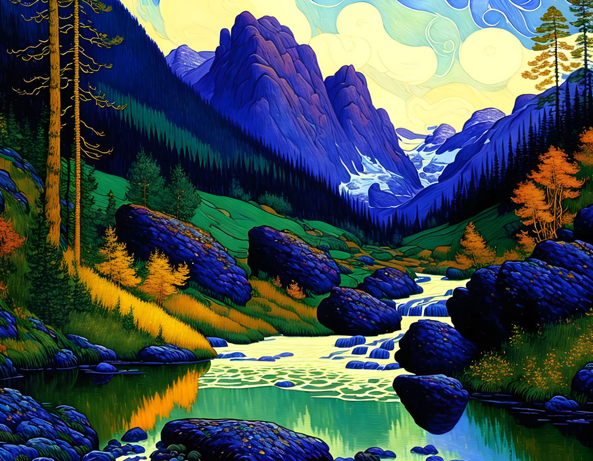 Colorful landscape with river, forest, mountains, and swirling sky.