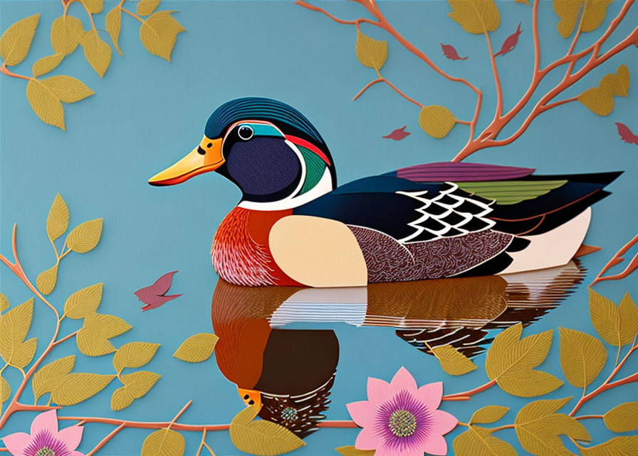 Colorful Duck Illustration with Foliage in Cut-Paper Art